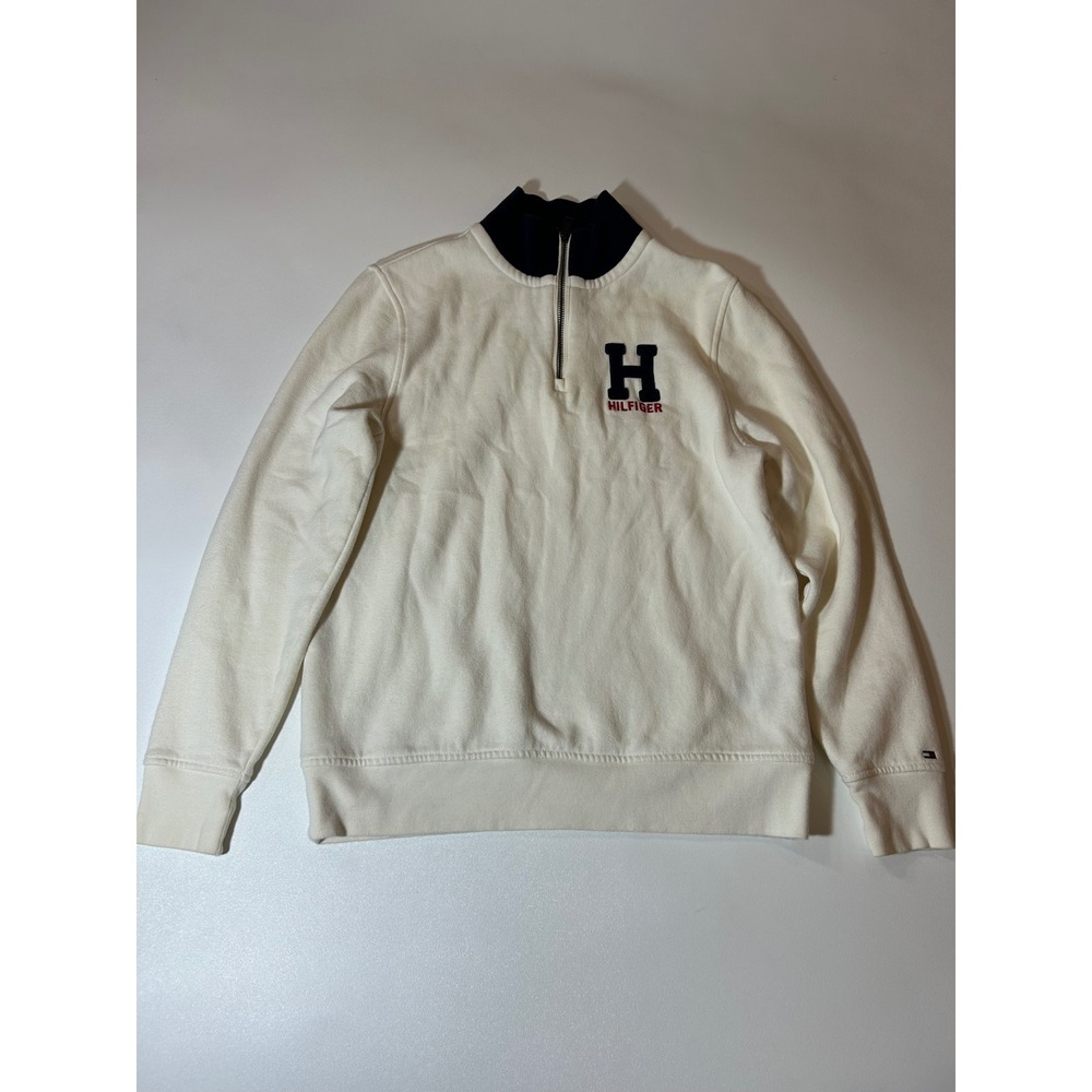 Tommy Hilfiger Quarter Zip Sweatshirt Men's Small Cream Fleece Pullover Logo